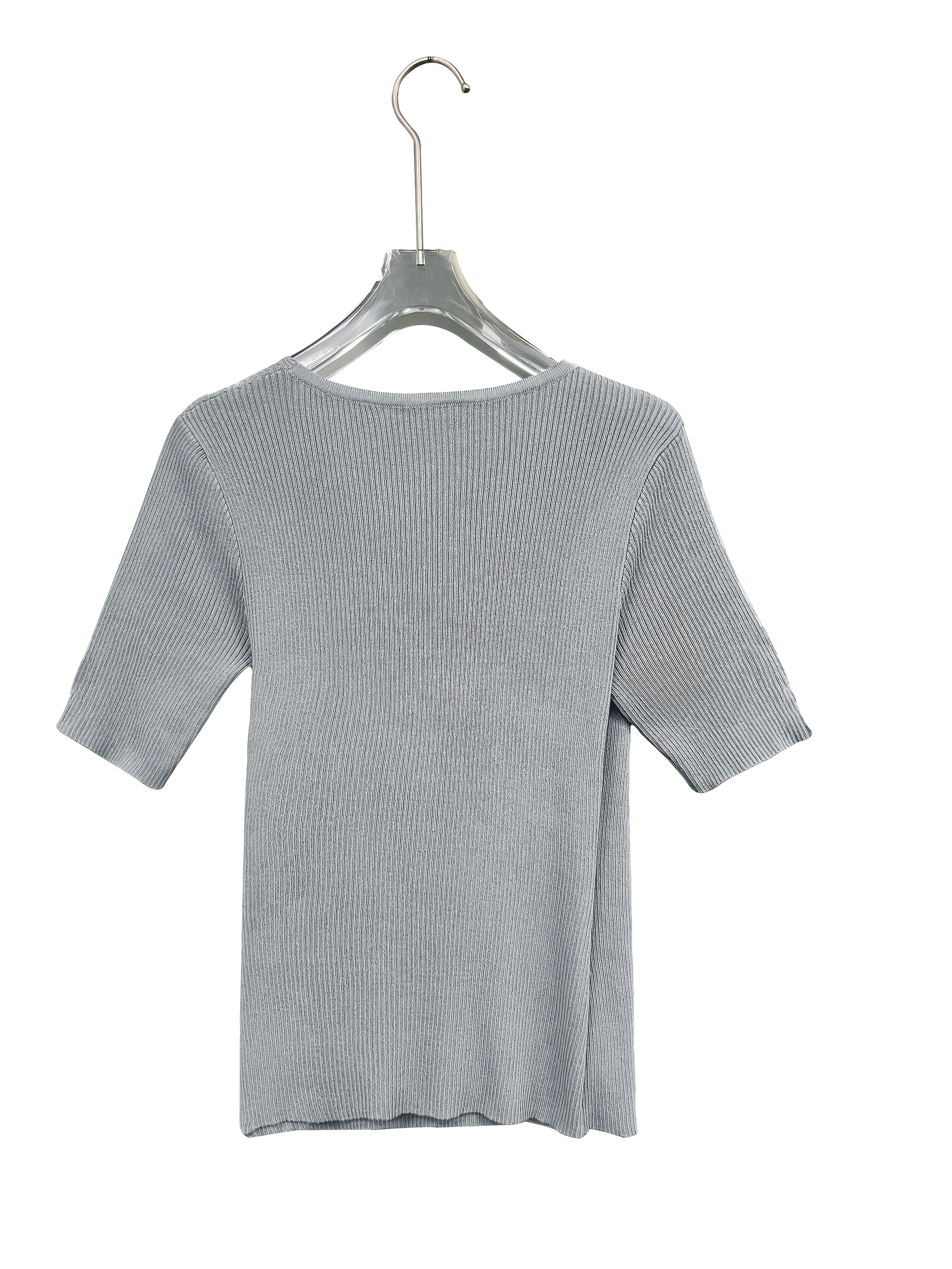 Elegant V-Neck Top for Women - Chic Half Sleeve Sweater Blouse with Fake Buttons, Ribbed Texture, Perfect for Spring\u002FSummer Casual Wear, Elegant Attire | Stylish Ribbed | Construction