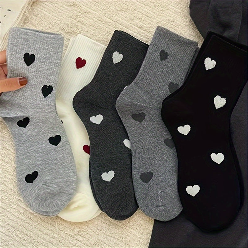 5 Pairs Heart Print Crew Socks 5 Pairs Women'S Heart Print Crew Socks, Comfortable Mid-Calf Length, Polyester Knit Fabric with 5% Elastane, Geometric Pattern, with Hand Wash, for Fall\u002FWinter