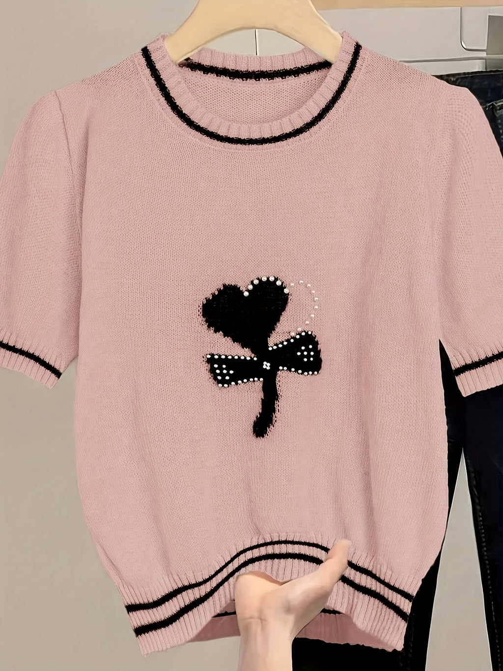 Chic Pink Knit Sweater with Bow Detail - Casual Crew Neck, Beaded Accents, Ribbed Cuffs & Hem, All-Season Women'S Fashion Top, Stylish Layering Piece | Bow Detail Top | Knitted Textur