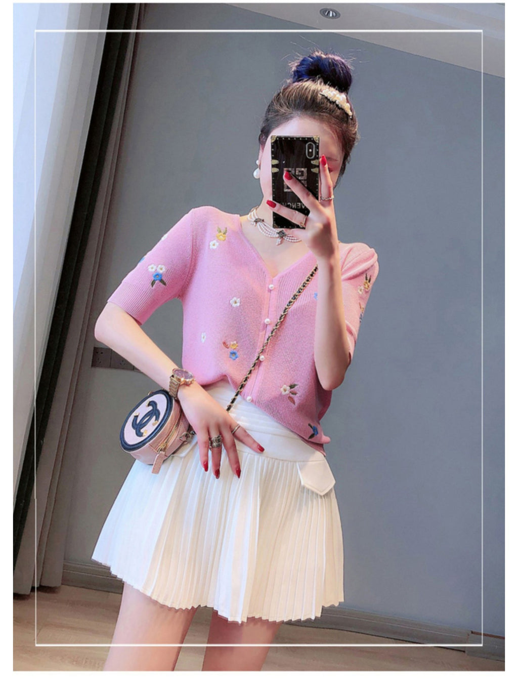 DATY Women's Lightweight V-Neck Short Sleeve Cardigan - Summer Casual Button Front Openwork Design, Soft Pink Sun-Protective Layering Top for Spring\u002FSummer, Short Sleeve Cardigan, Summer Layering Piece, Embroidered Detailing