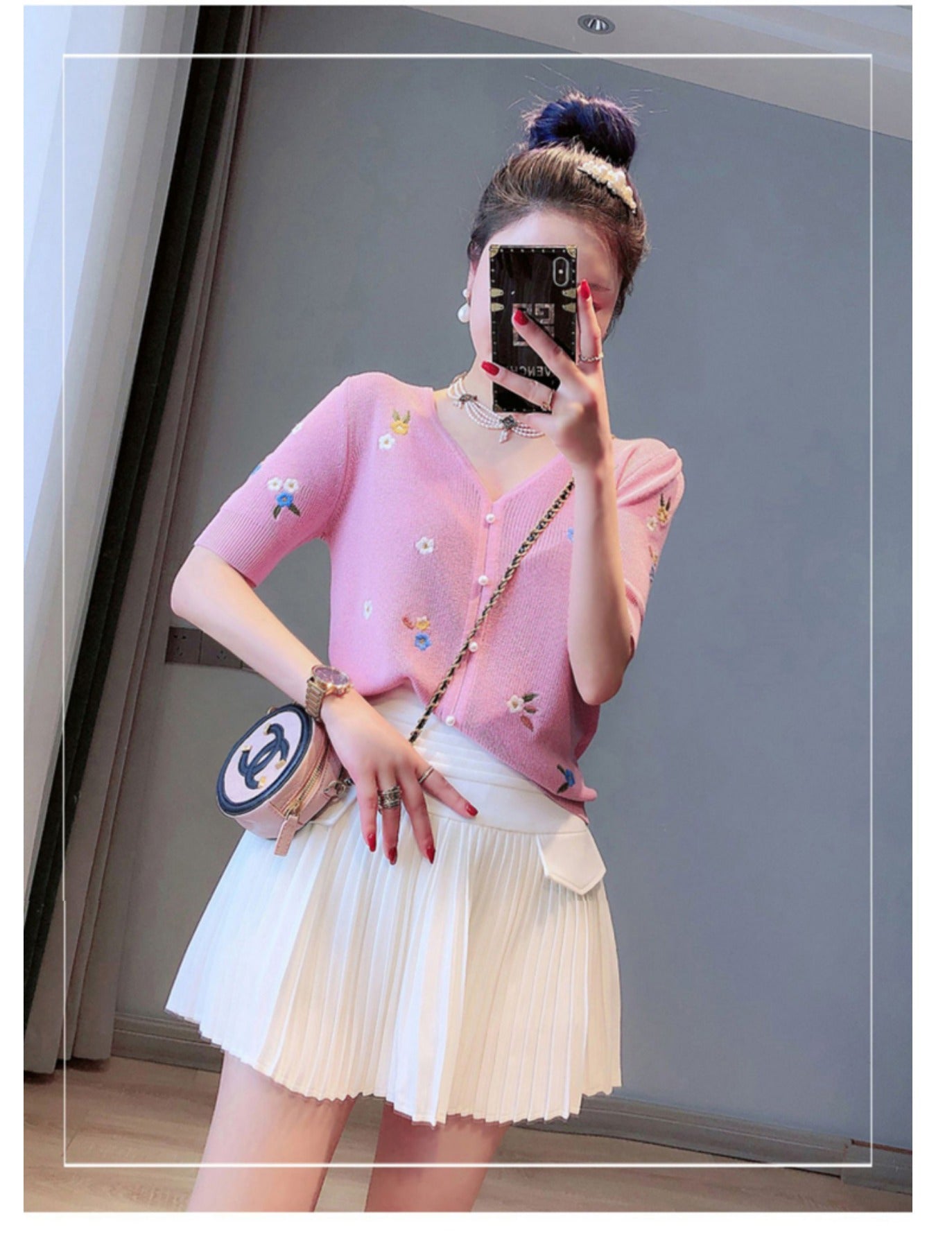 DATY Women's Lightweight V-Neck Short Sleeve Cardigan - Summer Casual Button Front Openwork Design, Soft Pink Sun-Protective Layering Top for Spring\u002FSummer, Short Sleeve Cardigan, Summer Layering Piece, Embroidered Detailing