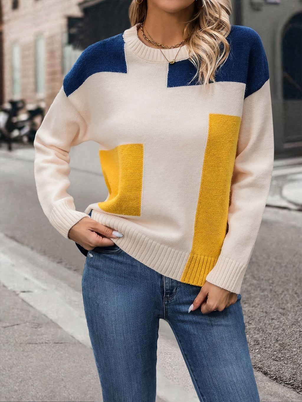 Women's Color Block Round Neck Pullover Sweater - Navy Blue & Mustard Yellow Drop Shoulder Long Sleeve Top, Machine Washable Spring\u002FFall Casual Elegant Sweater, Cute Sweaters, Spring Fall Apparel, Comfortable Knitwear