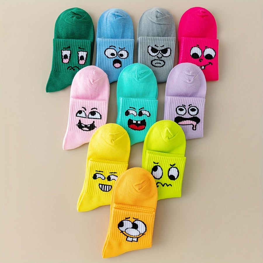 Women's Playful Face Design Mid-Calf Socks - Breathable Moisture-Wicking Ribbed Cuff, Vibrant Neon & Pastel Colors, Machine Washable for Casual Sports & Casual Attire, Quirky Sock Patterns