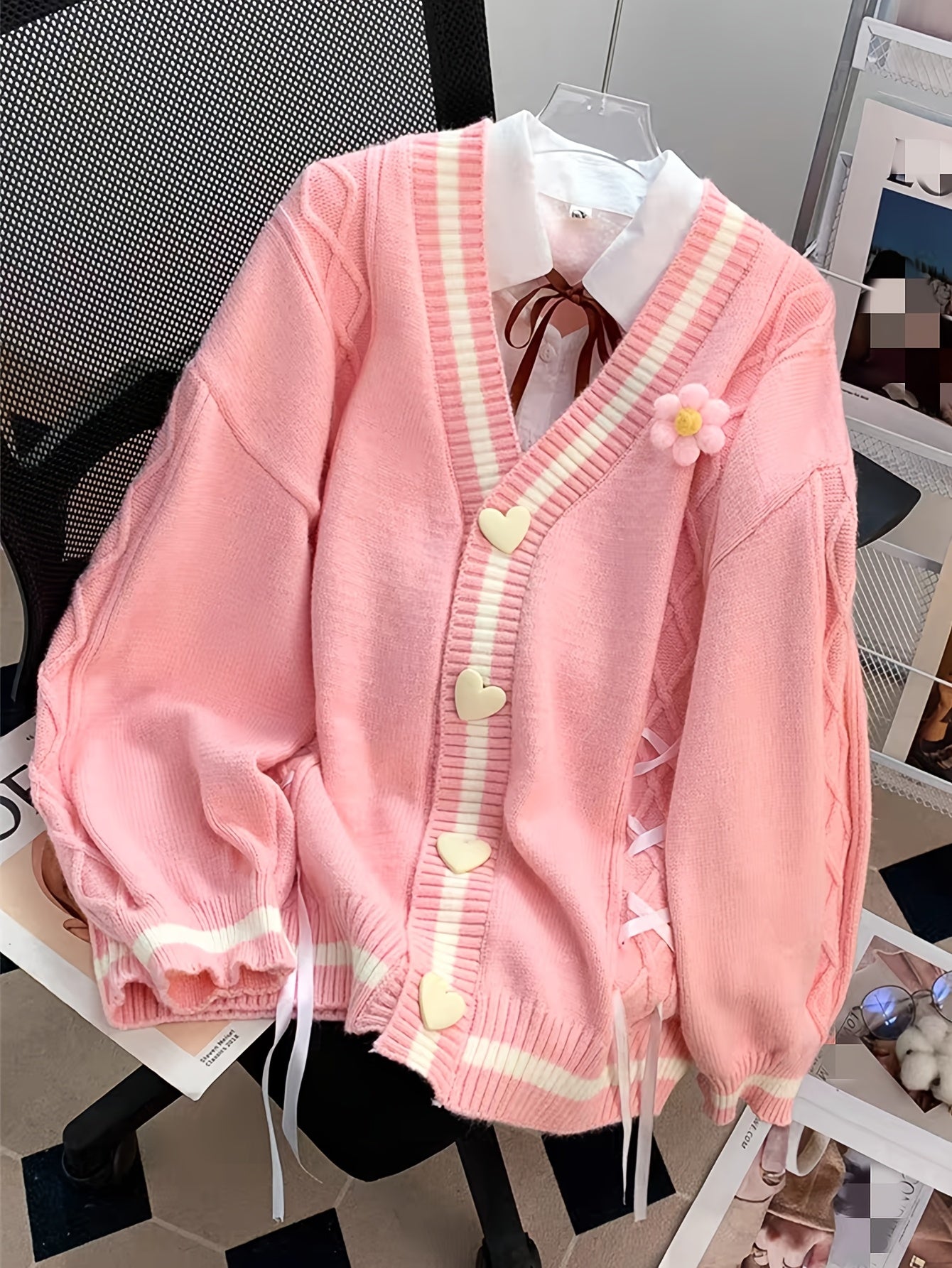 Women'S V-Neck Cardigan with Color Block Design, Acrylic Blend Knit Sweater, with Button Details and Drawstring for All Seasons