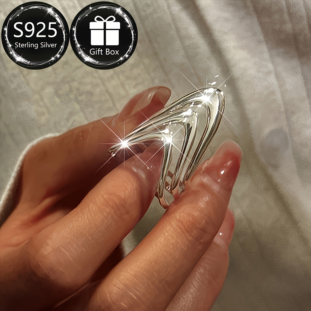 1pc Women's Fashion Wide Band Ring Hip-Hop Style Layered Adjustable Open Ring 925 Silver Total Weight Approximately 0.07 oz Comes with Exquisite Gift Box Packaging Mother's Day Preferred Gift Wedding Bridesmaid Gift Suitable for Music Festivals