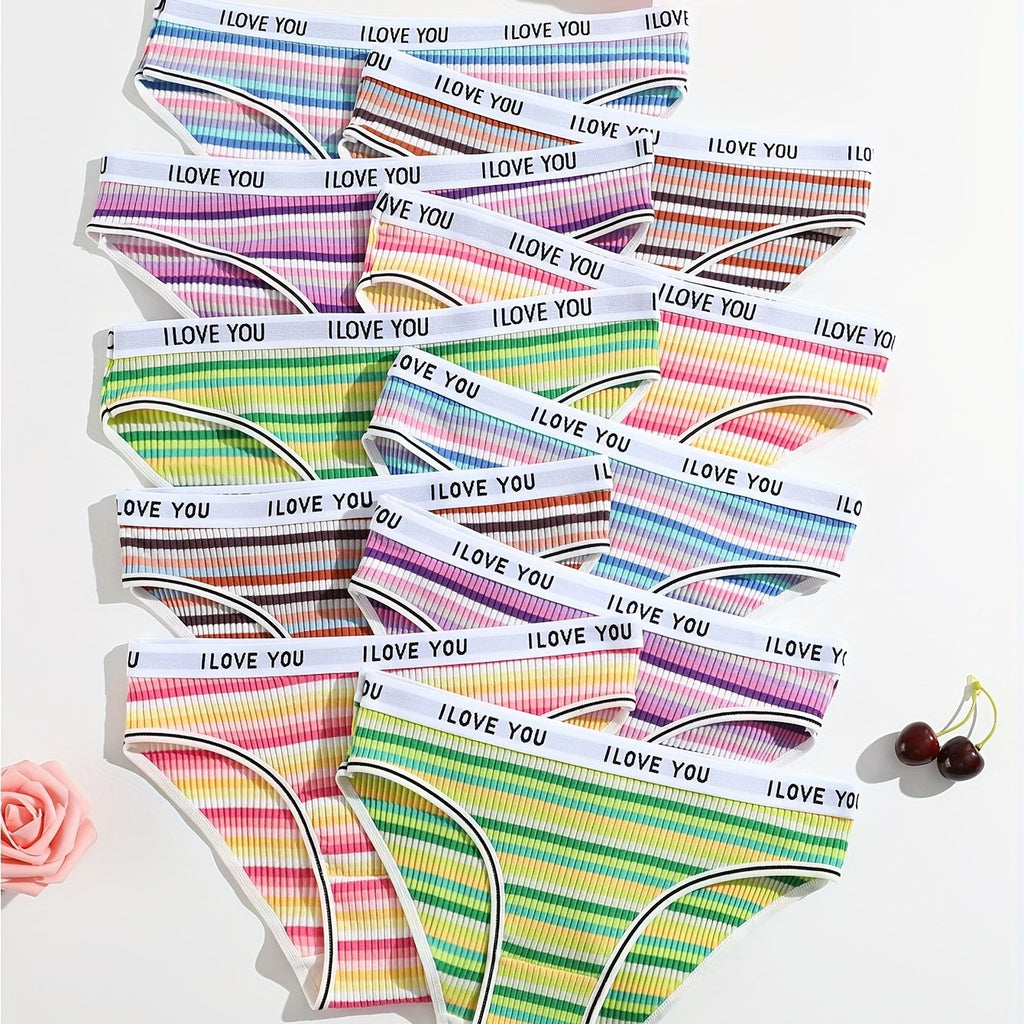10-Pack Women's Cotton Briefs - Elastic Rainbow Stripe Pattern, Comfortable Ribbed Waistband, Simple Style Knit Fabric Underwear