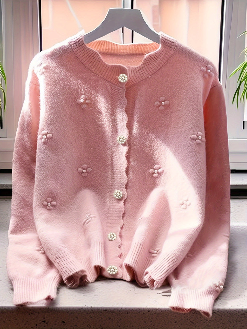 Women's Fashion Knit Cardigan, Round Neck, Embellished 3D Floral, Long Sleeve, Wavy Hem, Solid Color, Polyester, Regular Length, Button Detail, Elegant Style, Autumn\u002FWinter Season
