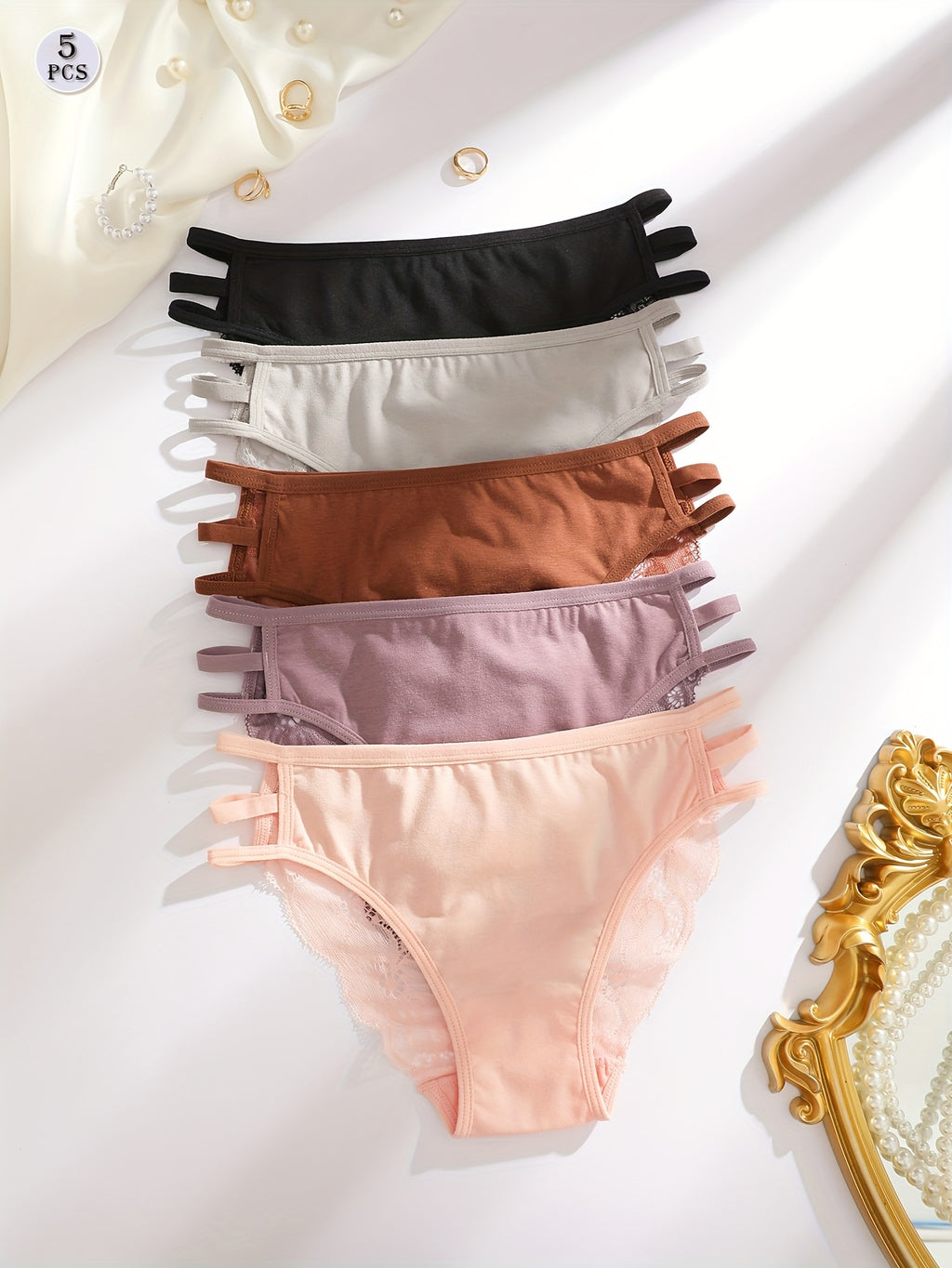 5pcs Women'S Solid Color Lace Trim Fashion Hollow Triangle Briefs, Polyester, Sexy, Knit Fabric, 180g\u002Fm², with Contrast Lace for Women