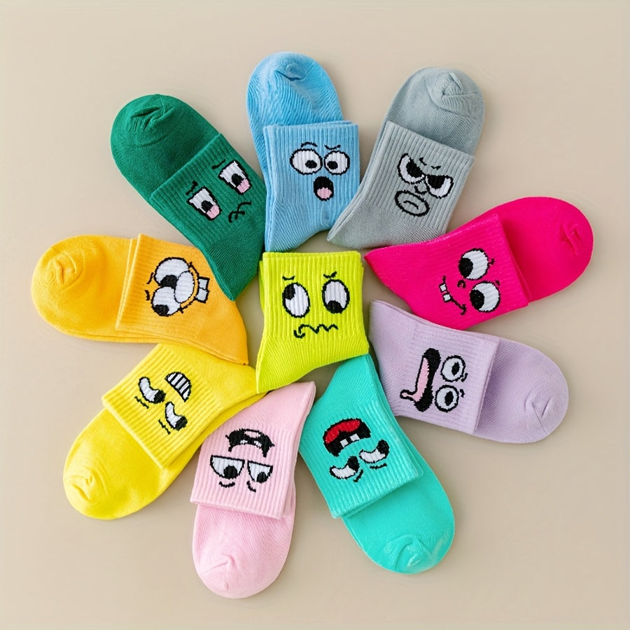 Women's Playful Face Design Mid-Calf Socks - Breathable Moisture-Wicking Ribbed Cuff, Vibrant Neon & Pastel Colors, Machine Washable for Casual Sports & Casual Attire, Quirky Sock Patterns