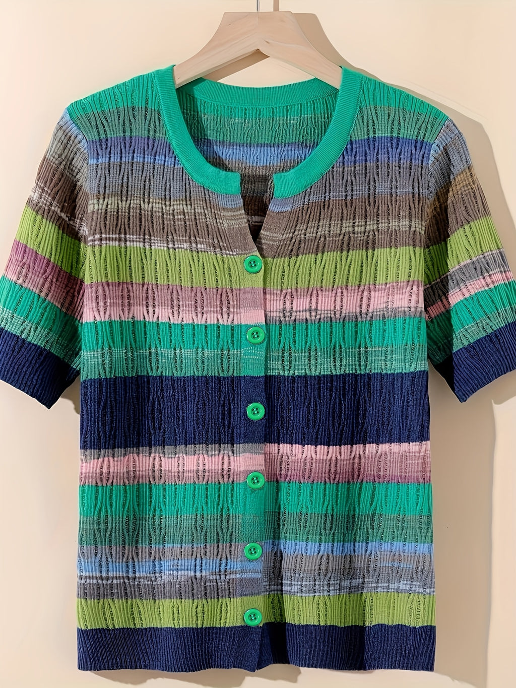 Women'S Casual Rainbow Striped Short Sleeve Cardigan - Comfortable Polyester Knit, Breathable & Stylish, Round Neck, Summer Top, Casual Summer Top|Striped Cardigan|Knit Construction, Ladies Cardigan