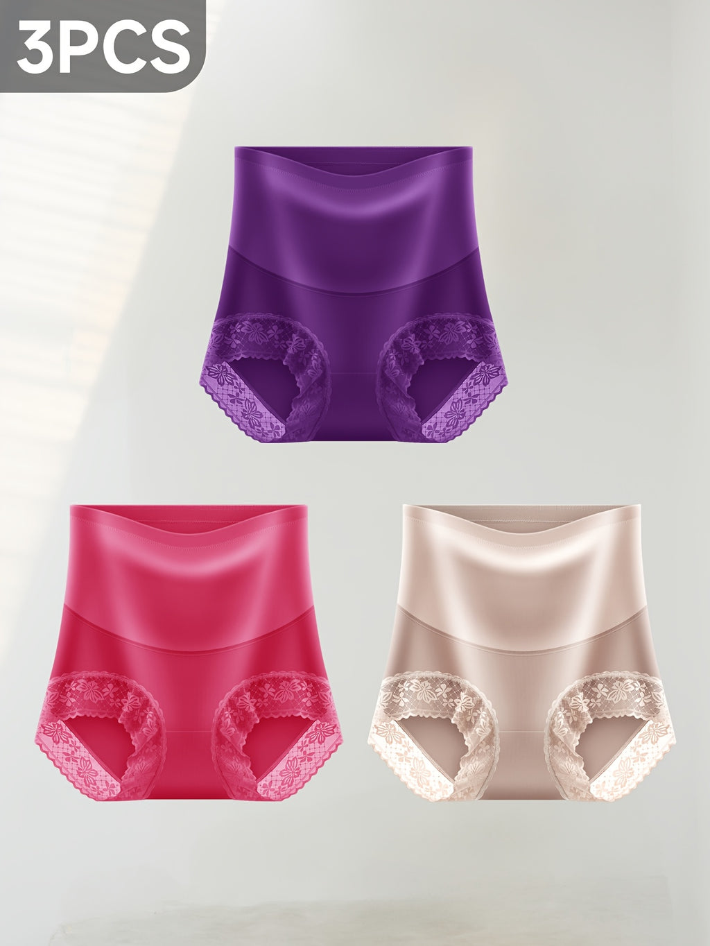 3pcs Women's High-Waist Tummy Control Light Beige Lace Underwear Set