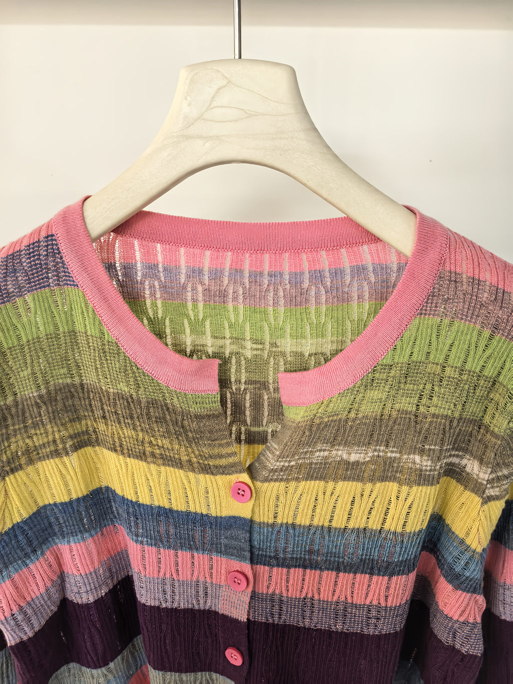 Lightweight, Women'S Long Sleeve Knit Cardigan - Vibrant Rainbow Striped Design, Button-Up, Casual Beach Vacation Style, Spring\u002FSummer Collection, Loose Fit, Polyester Blend, Casual Wear | Vibrant Striped Pattern | Knit Construction, Beach Clothes