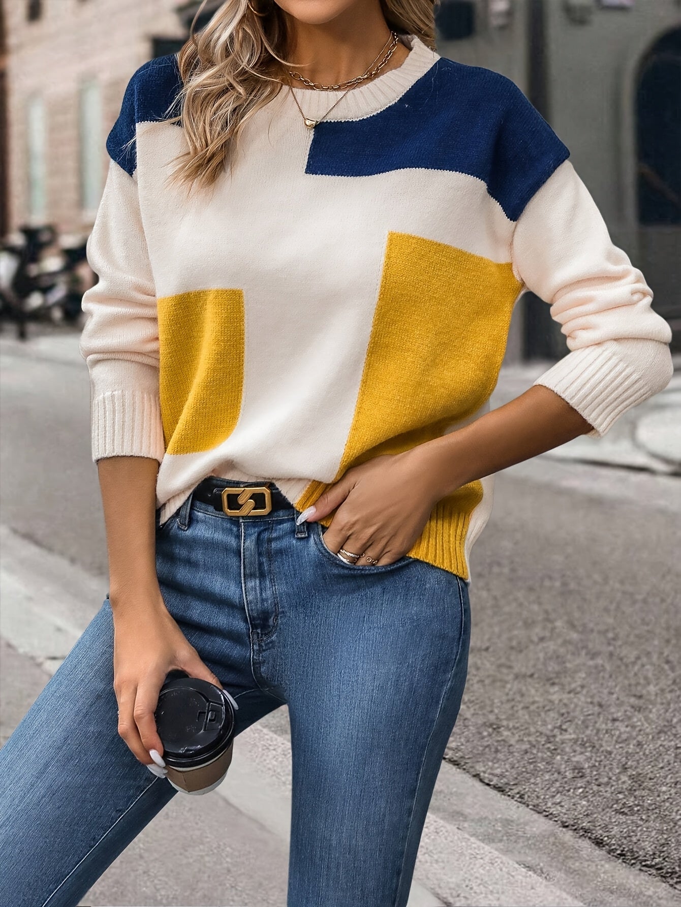 Women's Color Block Round Neck Pullover Sweater - Navy Blue & Mustard Yellow Drop Shoulder Long Sleeve Top, Machine Washable Spring\u002FFall Casual Elegant Sweater, Cute Sweaters, Spring Fall Apparel, Comfortable Knitwear