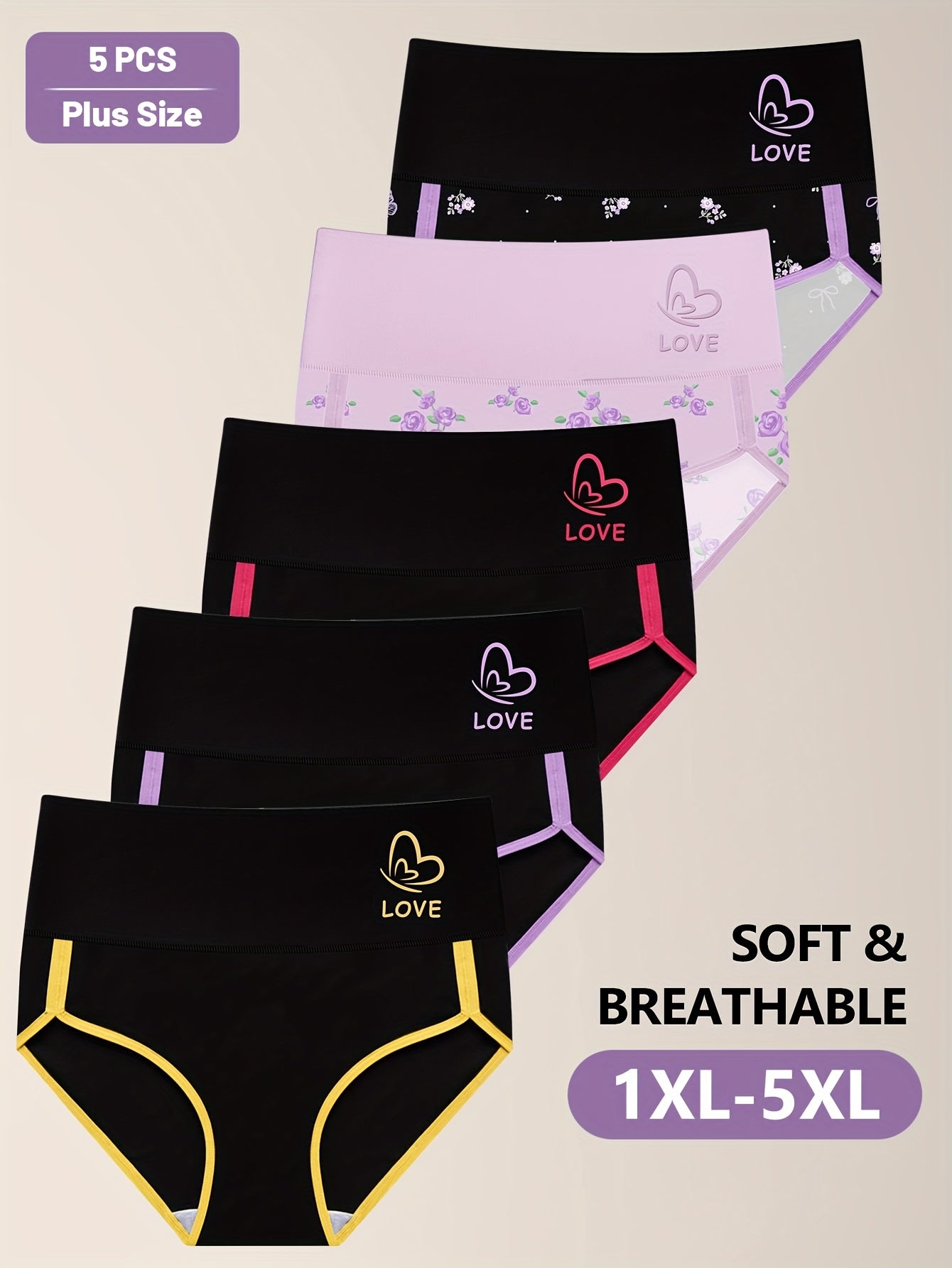 5-Pack Large Size Women'S Underwear, Mid-Rise Panties, Color-Blocking, Tummy Control