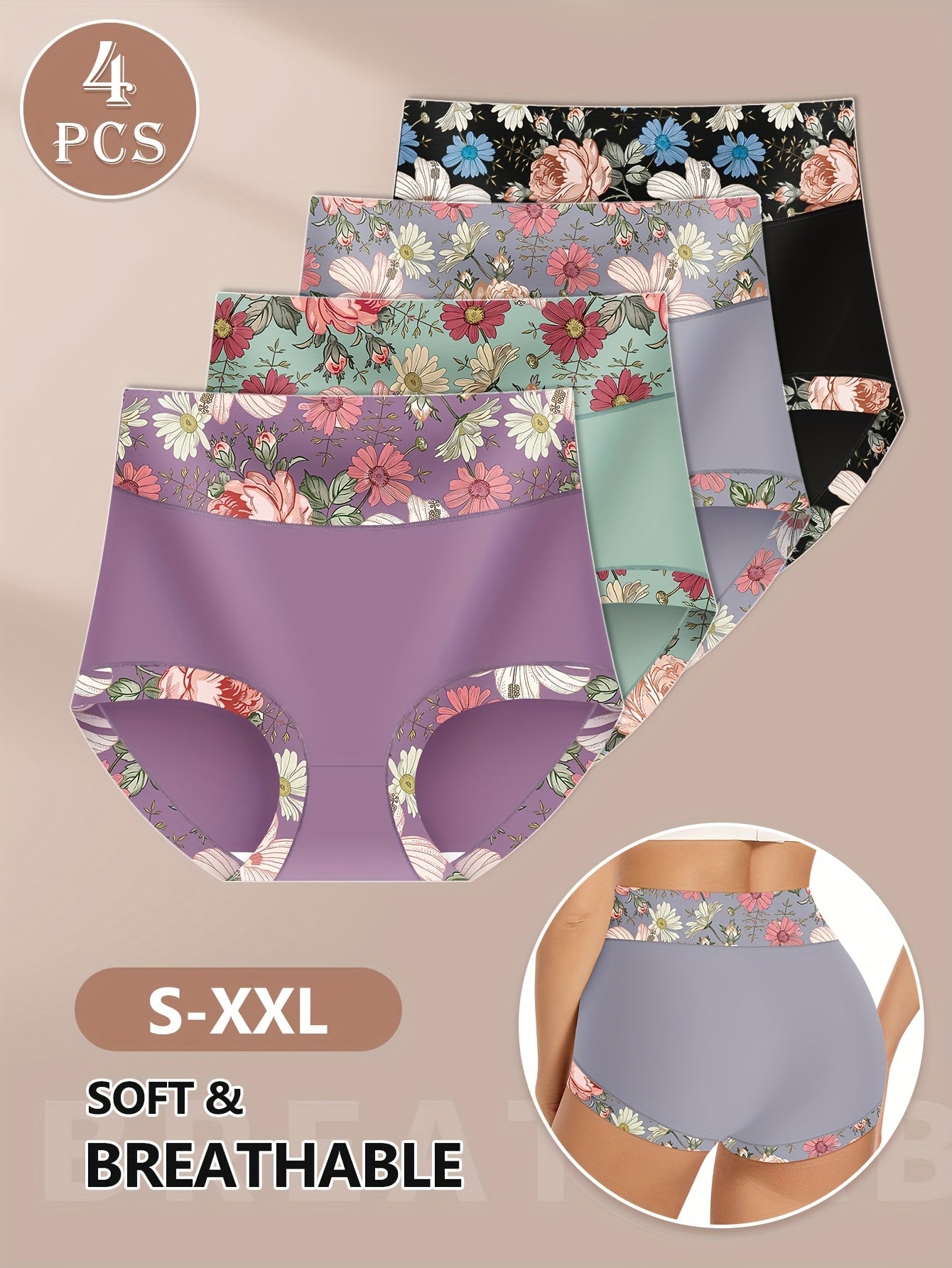 4-Pack MEIYATING Women's High-Waisted Briefs - Floral Print Soft Breathable Underwear, S-XXL Sizes, Elegant Comfort for Everyday & Special Occasions, Cute Underwear, Comfortable Lingerie, Cute Floral Underwear, Highquality Underwear