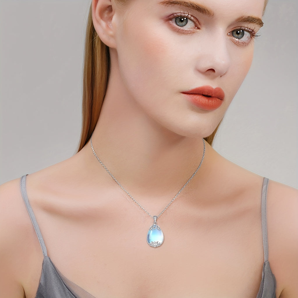Moonstone Lotus Necklace 925 Sterling Silver Filigree Teardrop Pendant Necklace Jewelry Gift For Women