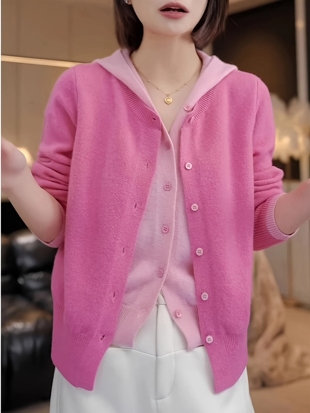 Women's Two-Piece Sweater Set, Pink Hooded Cardigan and Pullover, New Long-Sleeve Top for Spring\u002FAutumn Season