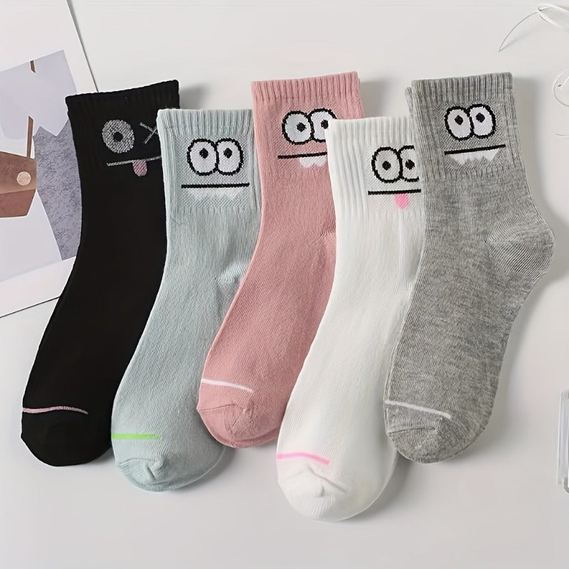 5 Pairs Women's Fun Cartoon Face Print Mid-Calf Socks - Soft Breathable All-Season Casual & Sports Socks with Assorted Colors & Playful Designs, Novelty Socks, Seasonal Wear, Comfortable Wear