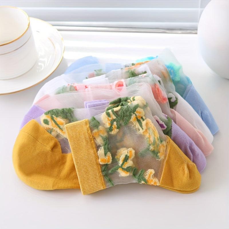 5 Pairs Floral Lace Mesh Socks, Lightweight & Breathable Mid Tube Socks, Women's Stockings & Hosiery
