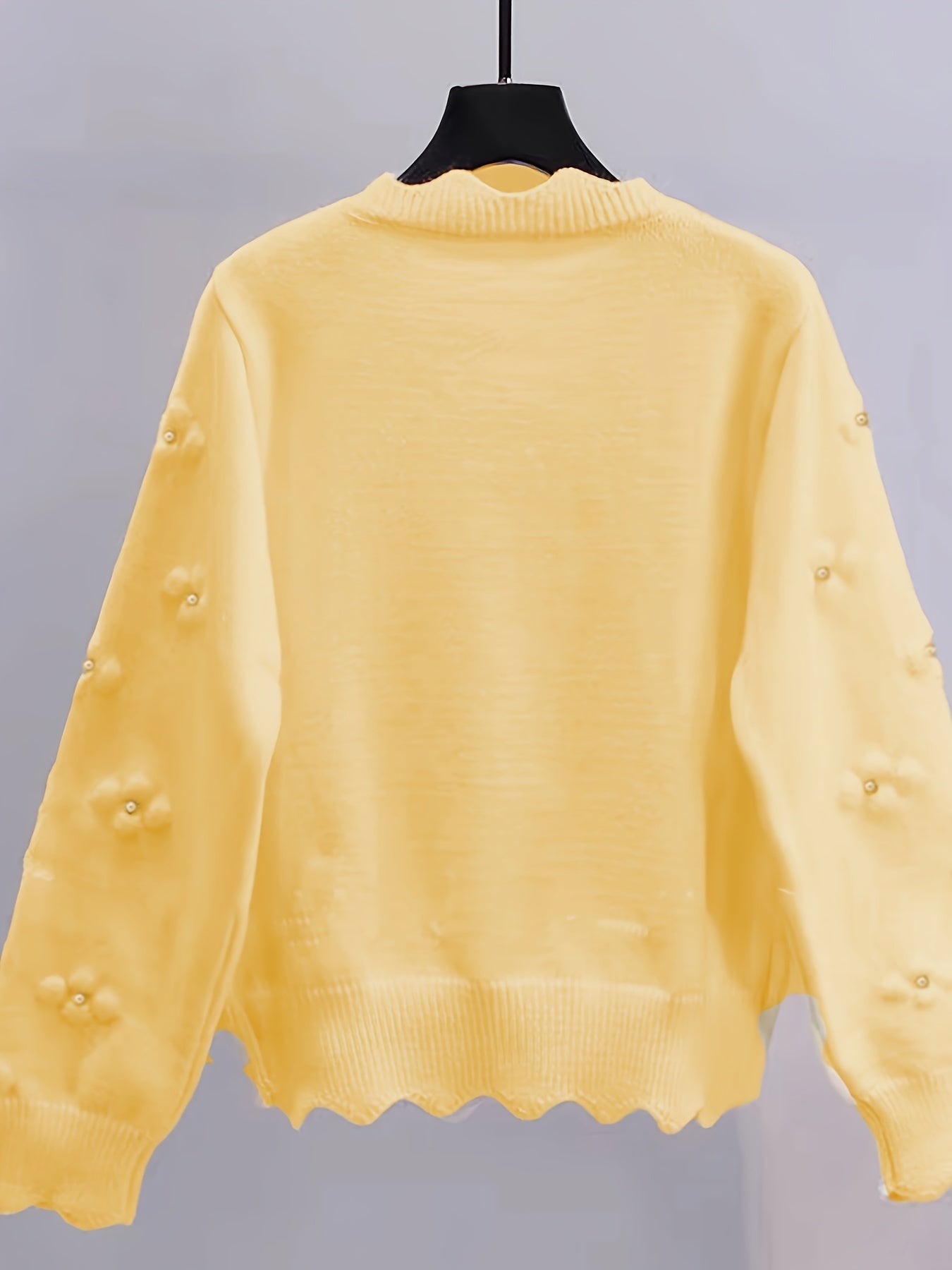 Women's Fashion Knit Cardigan, Round Neck, Embellished 3D Floral, Long Sleeve, Wavy Hem, Solid Color, Polyester, Regular Length, Button Detail, Elegant Style, Autumn\u002FWinter Season