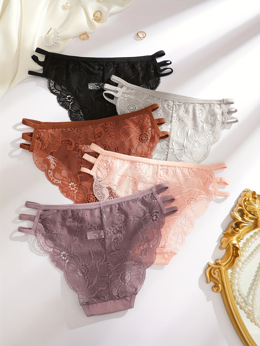 5pcs Women'S Solid Color Lace Trim Fashion Hollow Triangle Briefs, Polyester, Sexy, Knit Fabric, 180g\u002Fm², with Contrast Lace for Women