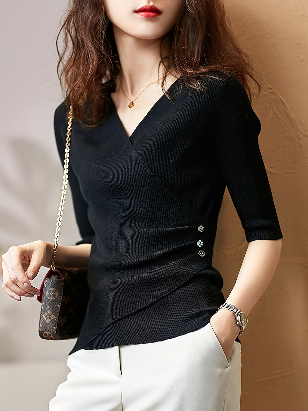 Elegant V-Neck Top for Women - Chic Half Sleeve Sweater Blouse with Fake Buttons, Ribbed Texture, Perfect for Spring\u002FSummer Casual Wear, Elegant Attire | Stylish Ribbed | Construction