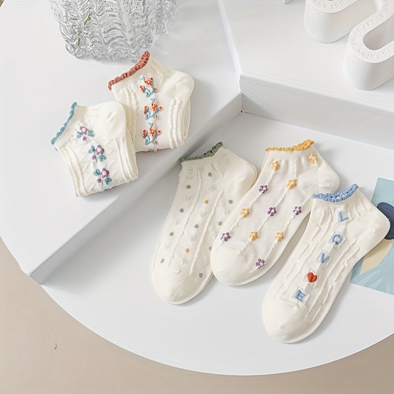 5 Pairs Women'S Floral & Letter Ankle Socks - Breathable, Comfortable Knit Fabric, Ruffled Edge Design, Pastel Colors with Colorful Lettering (Ace, Love, Friendship, Sister, Sisterhood) - Casual Wear, Cute Socks