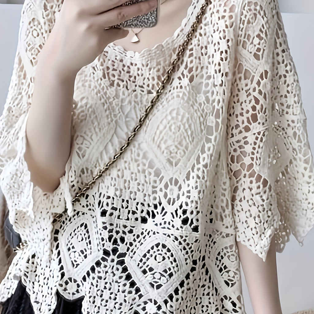Elegant Crochet Hollow-Out Knit Top - Breathable Cotton Blend, Semi-Sheer, Round Neck - Perfect for Spring & Summer