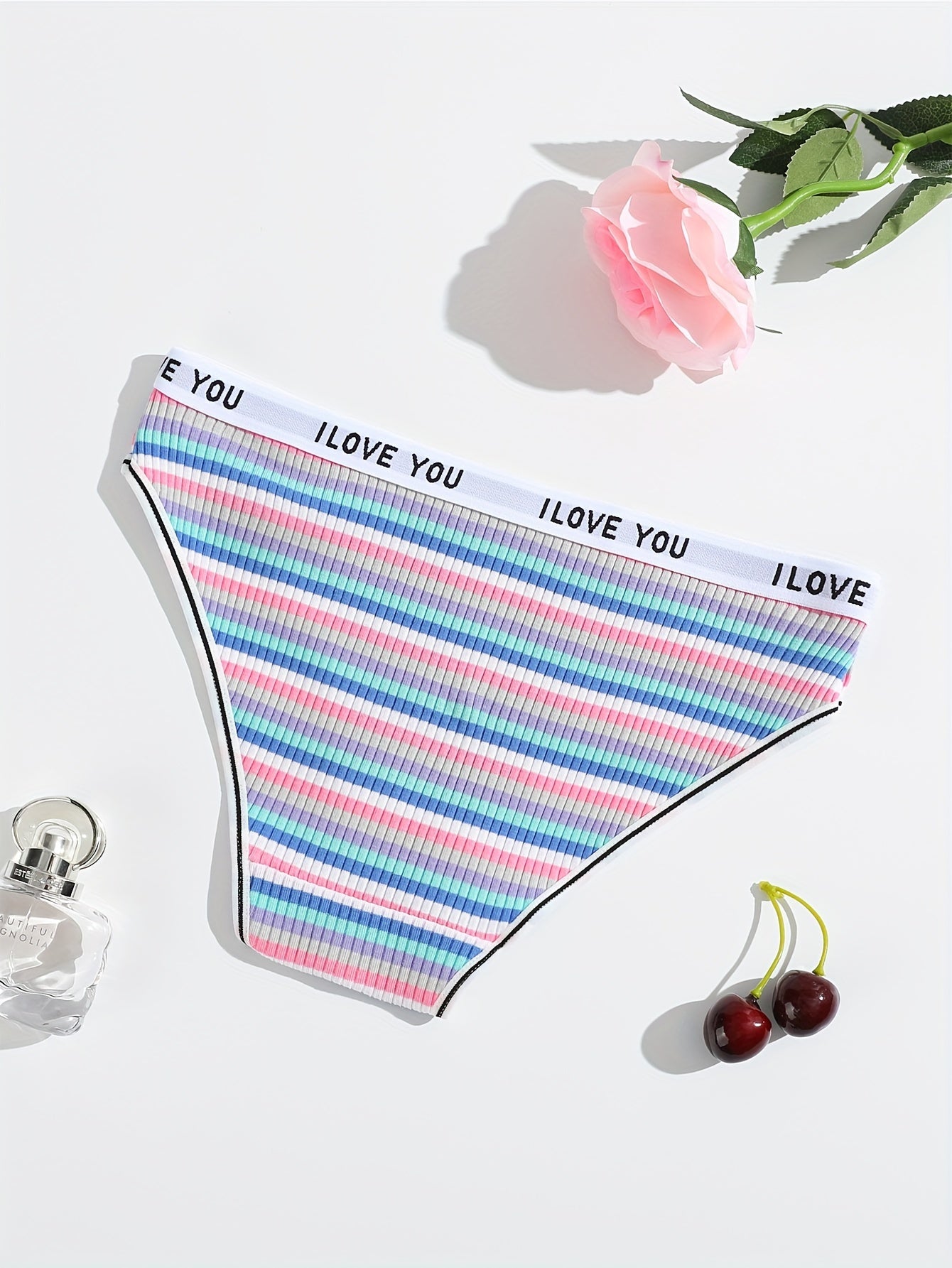 10-Pack Women's Cotton Briefs - Elastic Rainbow Stripe Pattern, Comfortable Ribbed Waistband, Simple Style Knit Fabric Underwear