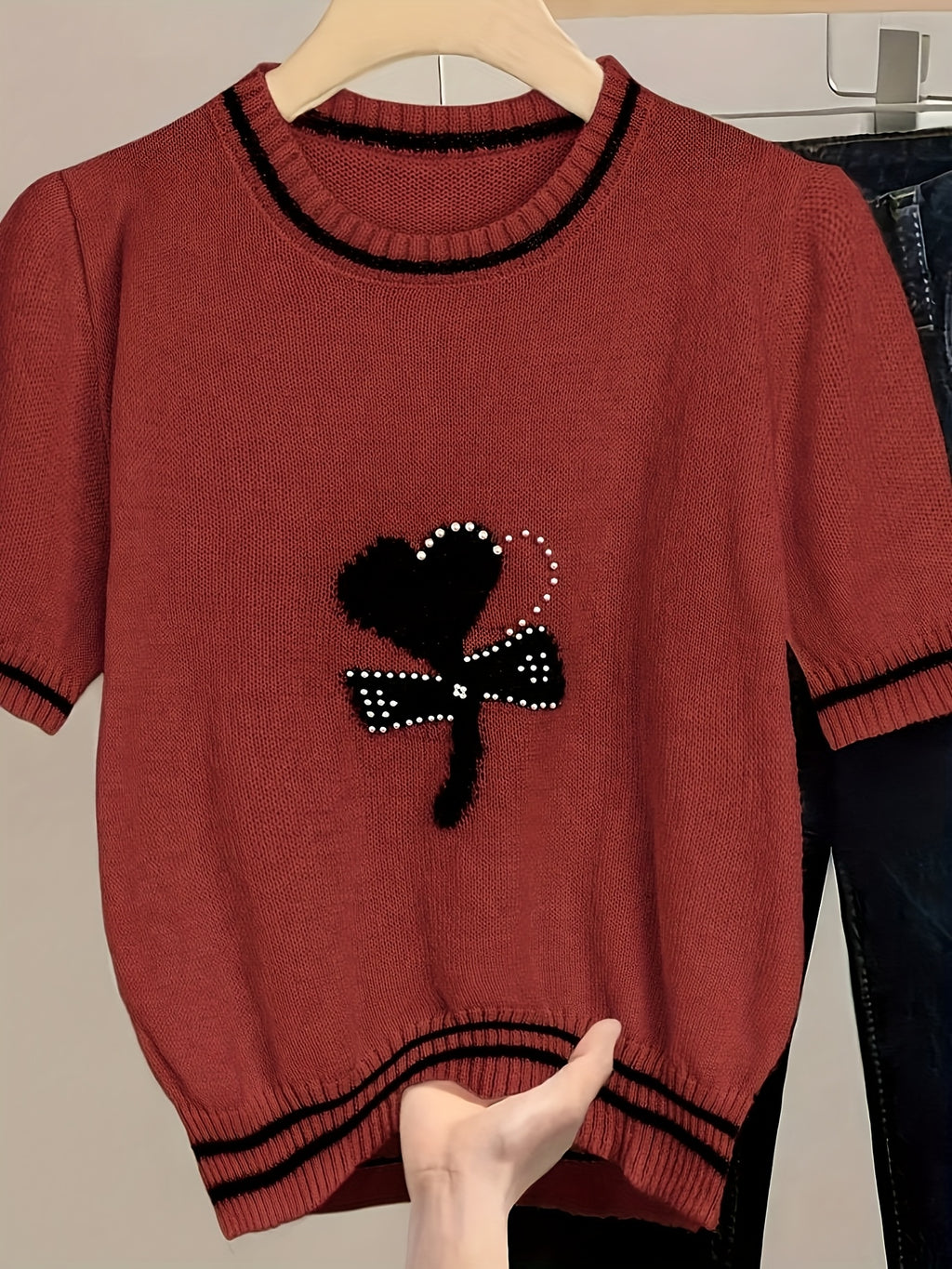 Chic Pink Knit Sweater with Bow Detail - Casual Crew Neck, Beaded Accents, Ribbed Cuffs & Hem, All-Season Women'S Fashion Top, Stylish Layering Piece | Bow Detail Top | Knitted Textur