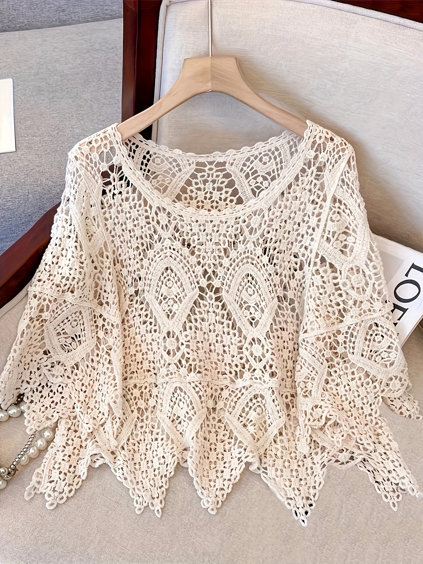 Elegant Crochet Hollow-Out Knit Top - Breathable Cotton Blend, Semi-Sheer, Round Neck - Perfect for Spring & Summer