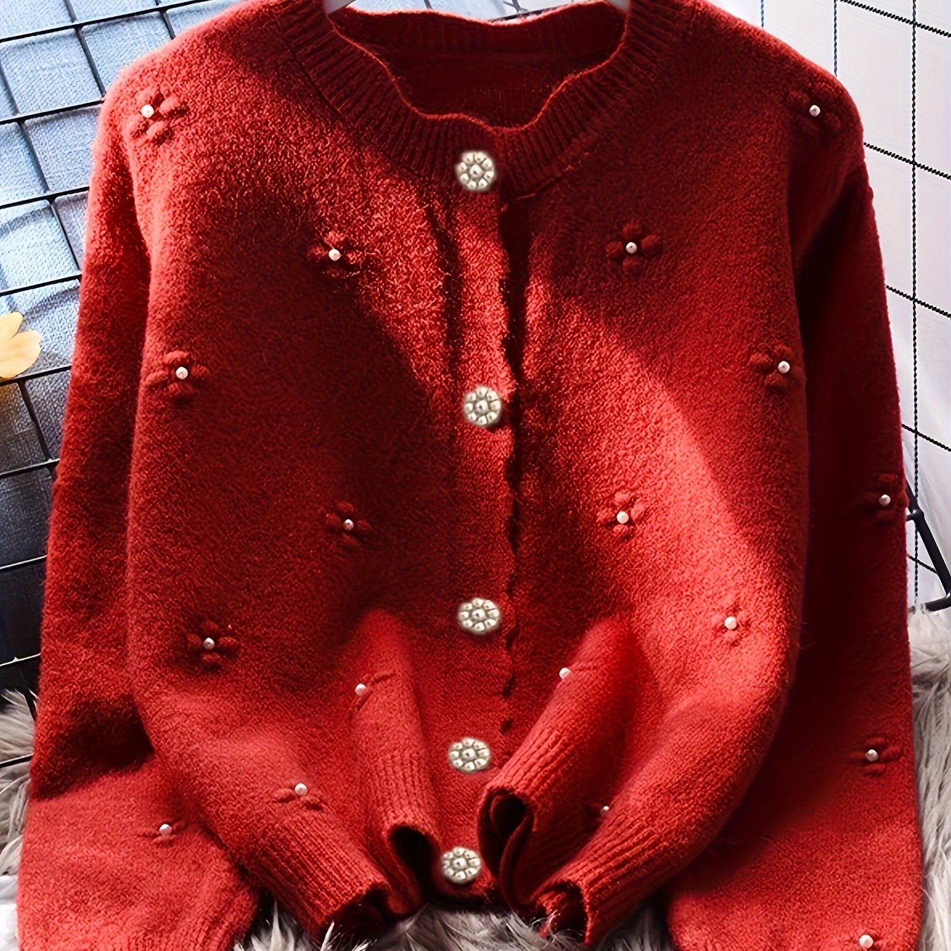 Women's Fashion Knit Cardigan, Round Neck, Embellished 3D Floral, Long Sleeve, Wavy Hem, Solid Color, Polyester, Regular Length, Button Detail, Elegant Style, Autumn\u002FWinter Season