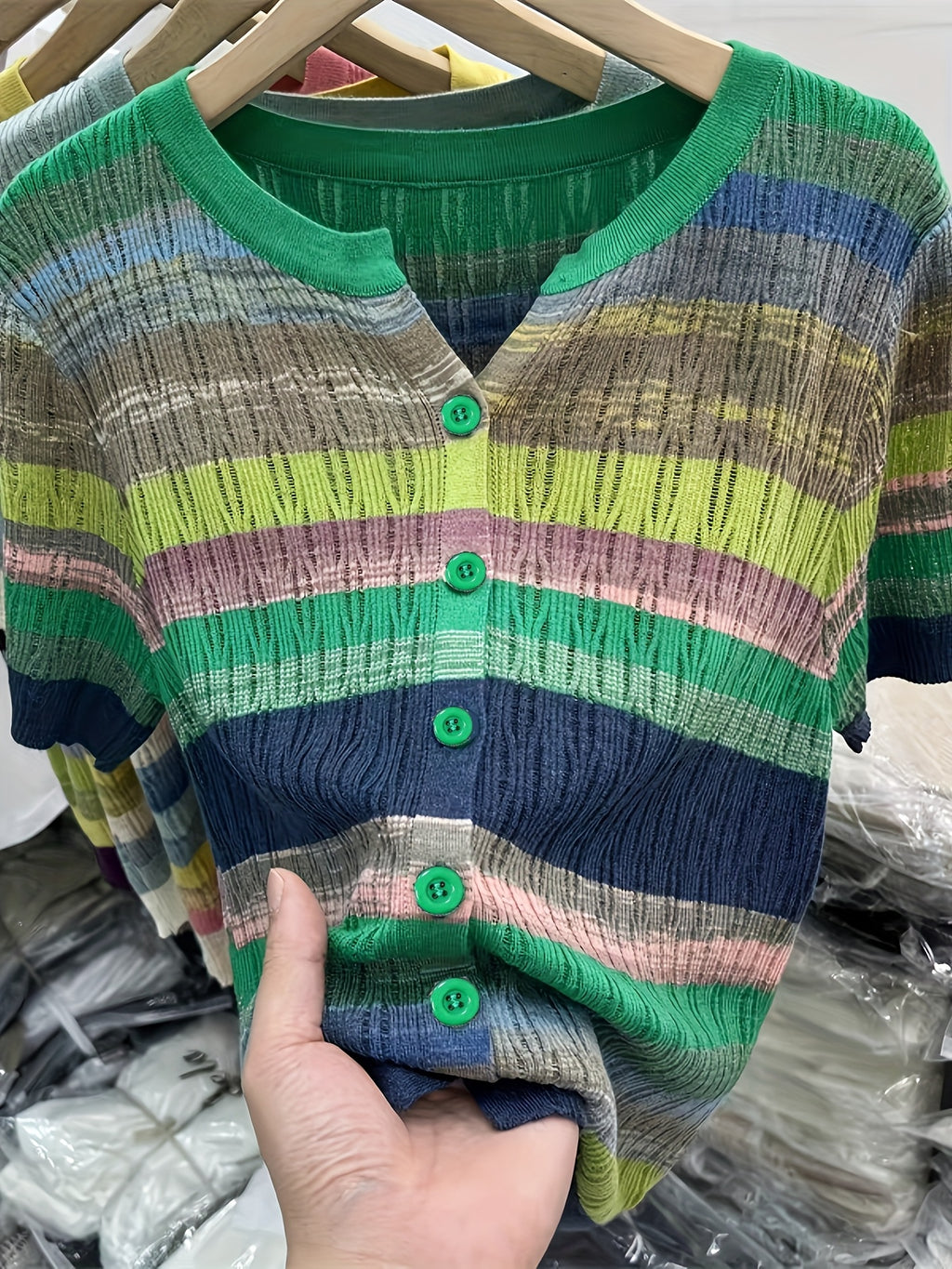 Women'S Casual Rainbow Striped Short Sleeve Cardigan - Comfortable Polyester Knit, Breathable & Stylish, Round Neck, Summer Top, Casual Summer Top|Striped Cardigan|Knit Construction, Ladies Cardigan