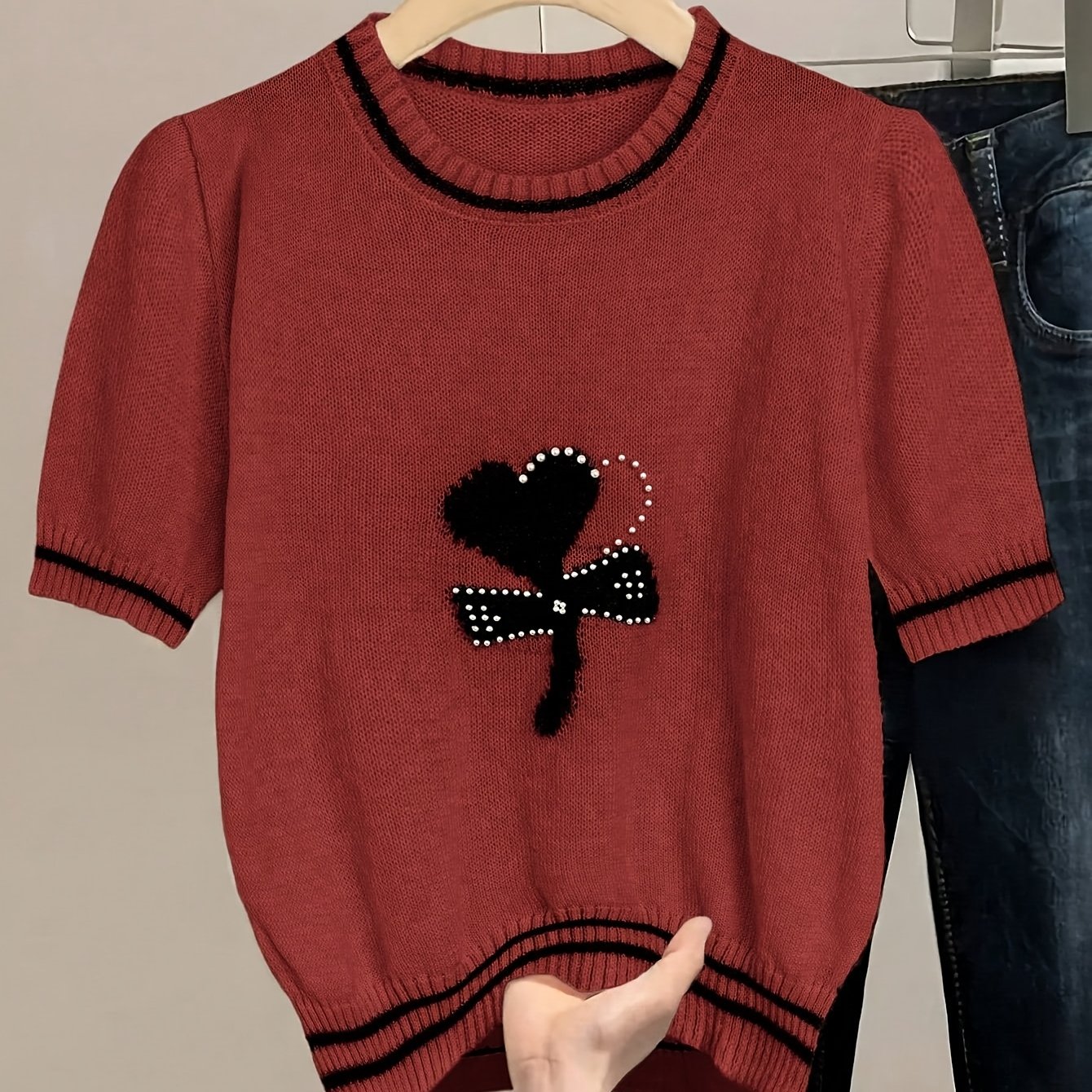 Chic Pink Knit Sweater with Bow Detail - Casual Crew Neck, Beaded Accents, Ribbed Cuffs & Hem, All-Season Women'S Fashion Top, Stylish Layering Piece | Bow Detail Top | Knitted Textur