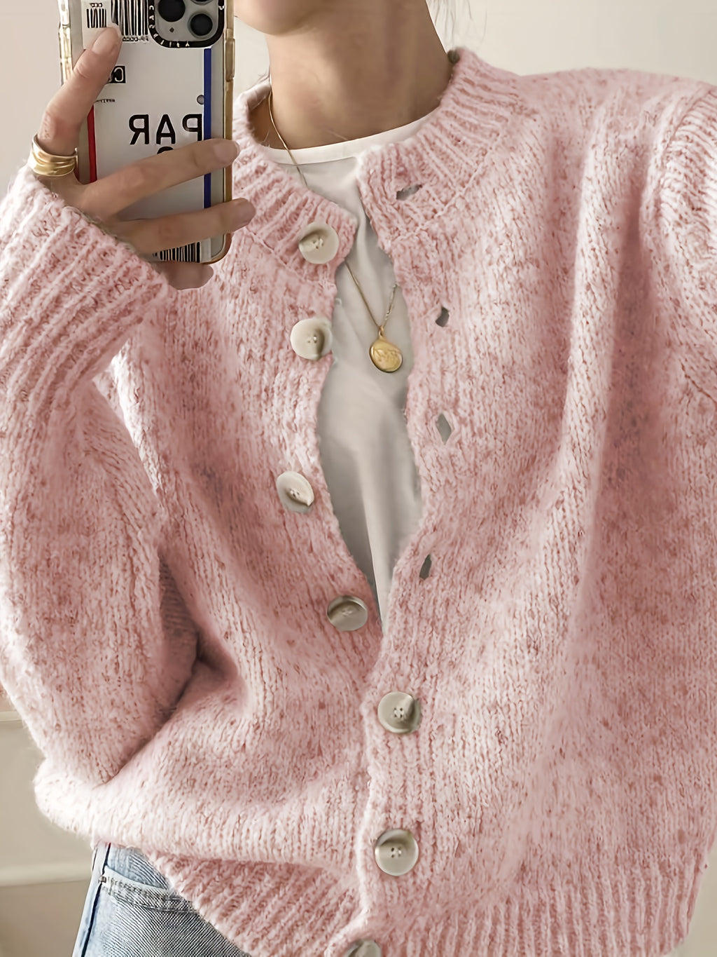 Rachel Women's Elegant Stretchy Camo Button Cardigan - High Elasticity Round Neck Spring\u002FFall Sweater with Decorative Buttons, Hand Wash\u002FDry Clean, Casual to Dressy Outfits, Classic Sweater for Ladies, Outfit Enhancer, Textured, Durable