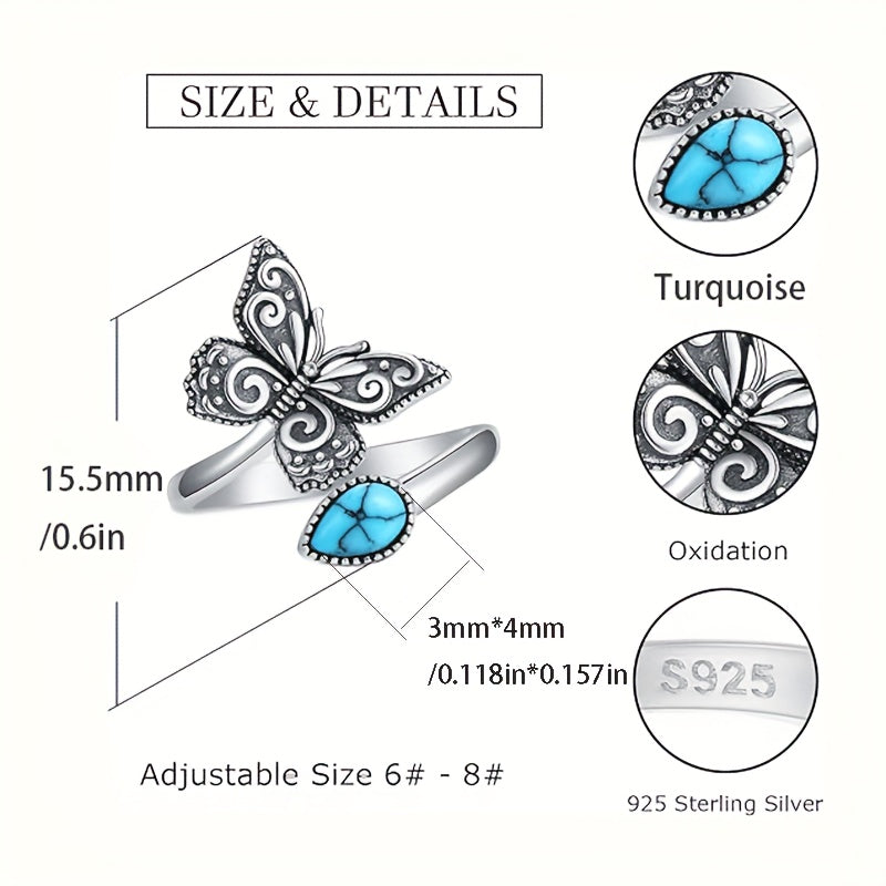 925 Sterling Silver Vintage Carved Butterfly Faux Turquoise Open Ring, Adjustable Spoon Band Jewelry Gift For Men & Women, Hypoallergenic, 0.09oz