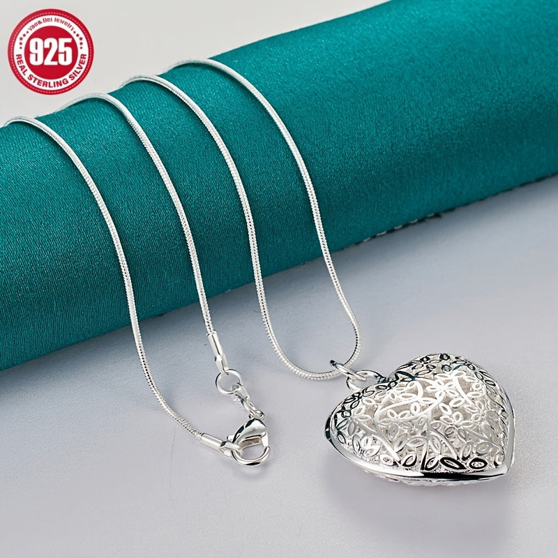 1pc Elegant 925 Sterling Silver Hollow Heart-Shaped Pendant Snake Bone Necklace, DIY Charm for Women - Ideal for Birthday, Carnival, Ramadan, Easter, Valentine's, Mother'S Day Gift